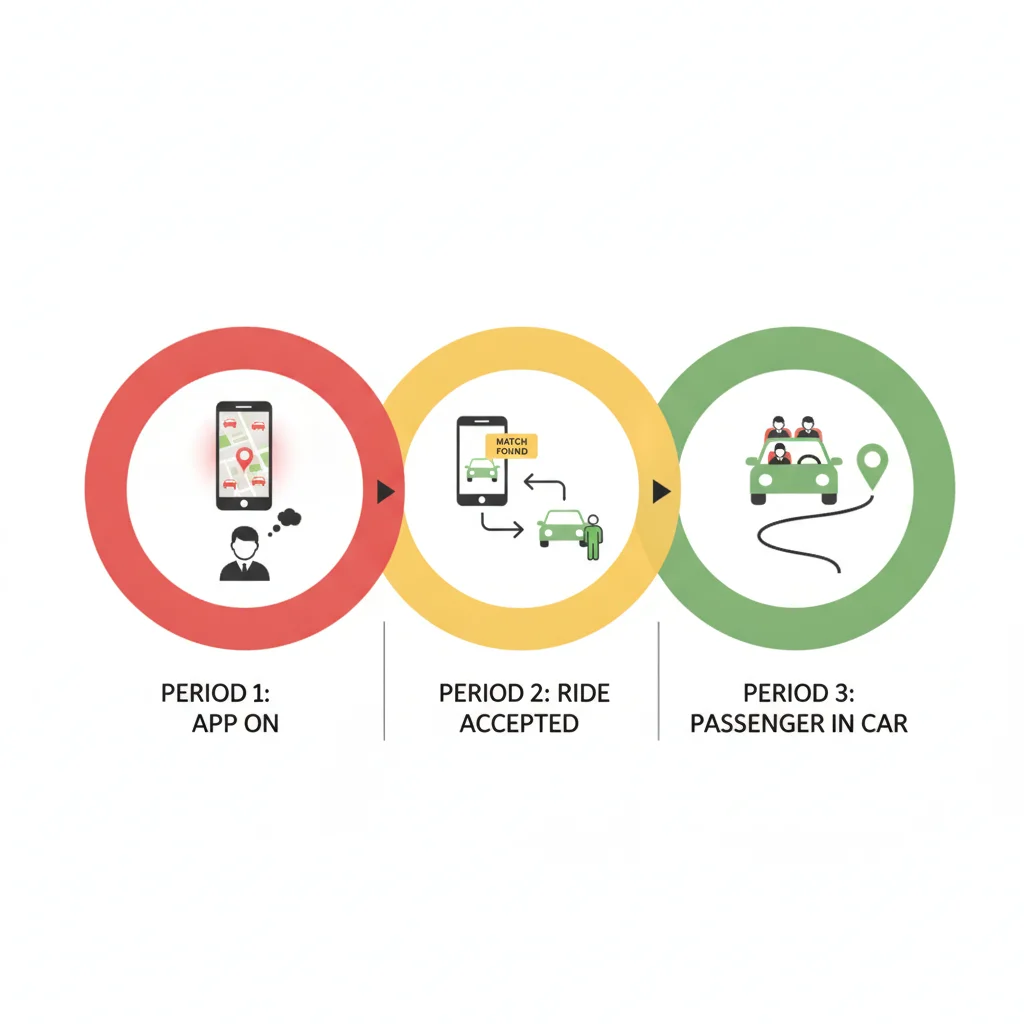 Color-coded diagram showing three rideshare insurance coverage periods from app activation to passenger drop-off