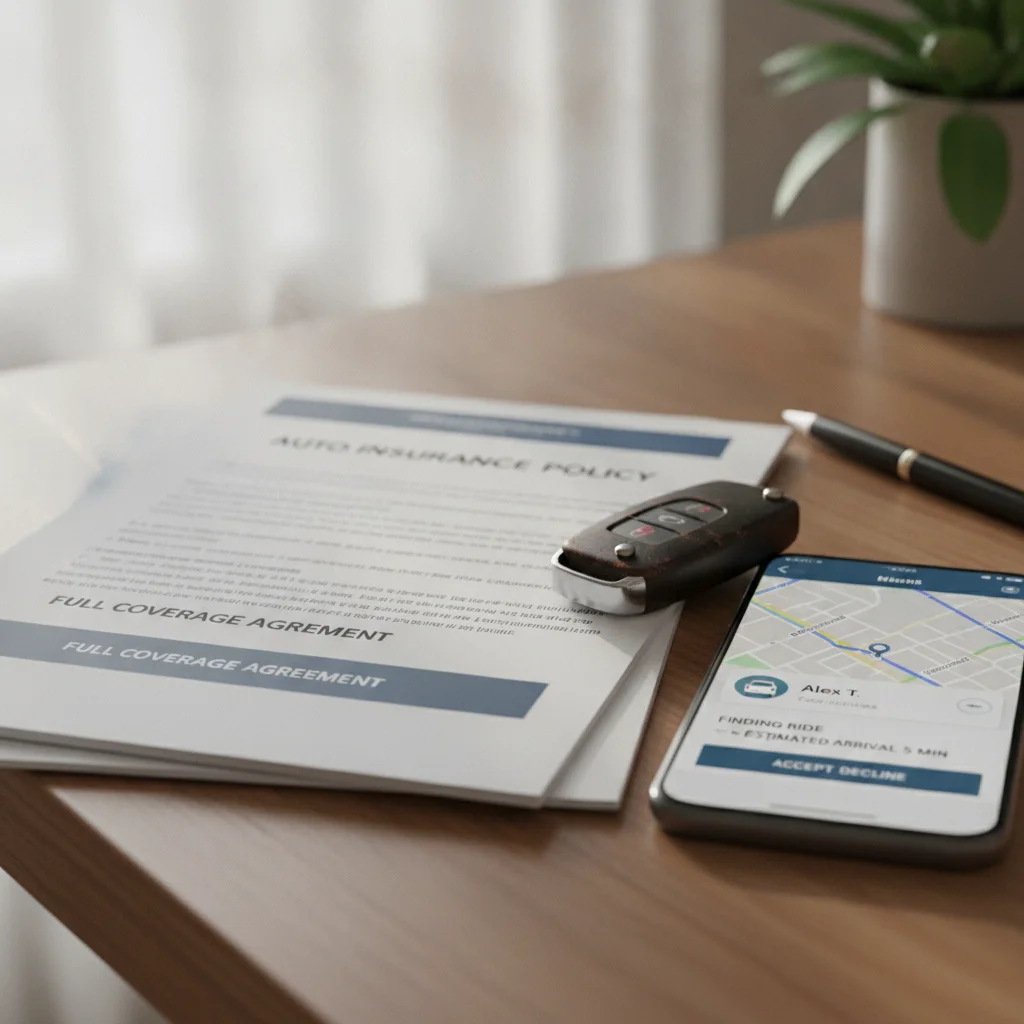 Insurance policy documents alongside a car key and smartphone displaying a rideshare driver app