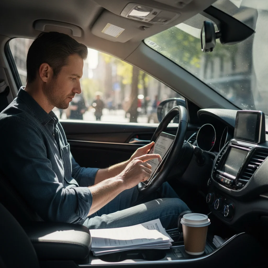 Rideshare driver reviewing insurance documents on a tablet while sitting in a parked car