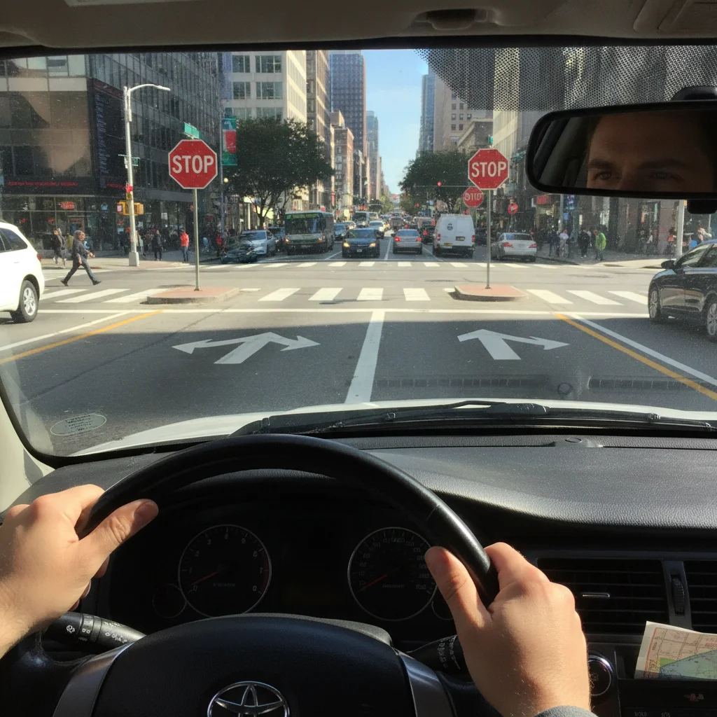 Driver's perspective approaching an urban intersection with stop signs and road markings visible