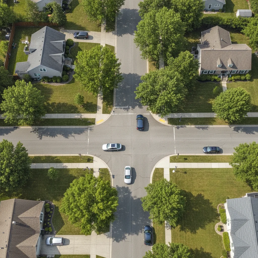 Two cars approaching an uncontrolled residential intersection from perpendicular directions with no signs