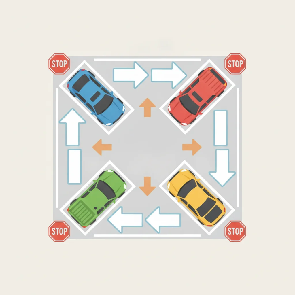 Diagram of a four-way stop intersection showing vehicles and right-of-way sequence arrows