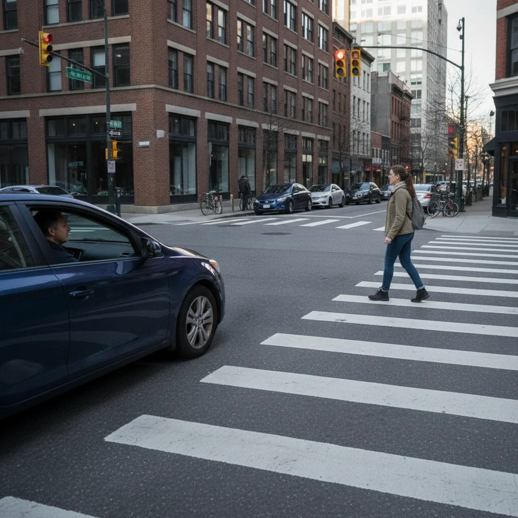 Pedestrian crossing a marked crosswalk while a vehicle waits to turn right at an urban intersection