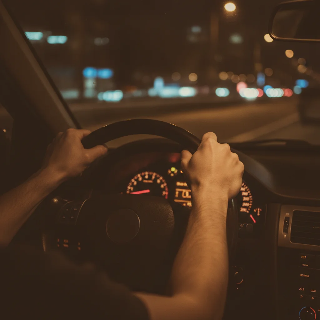 Driver's hands gripping steering wheel tightly in heavy nighttime city traffic