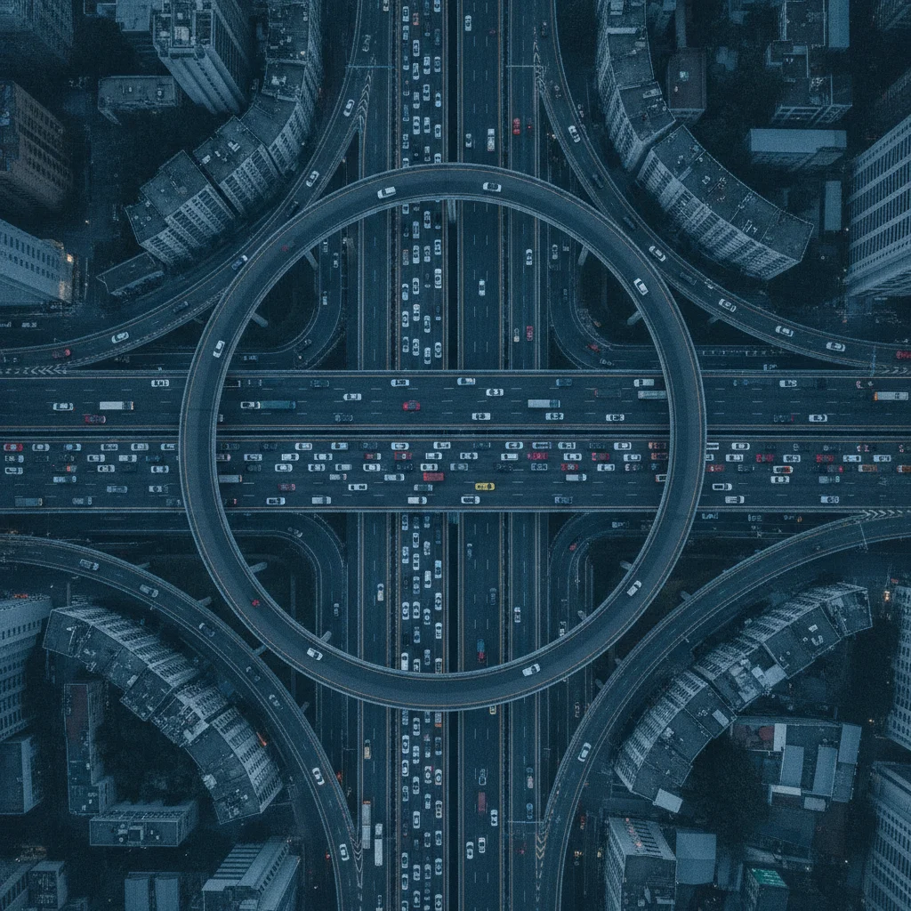 Aerial view of dense urban highway interchange with heavy rush-hour traffic converging from multiple directions