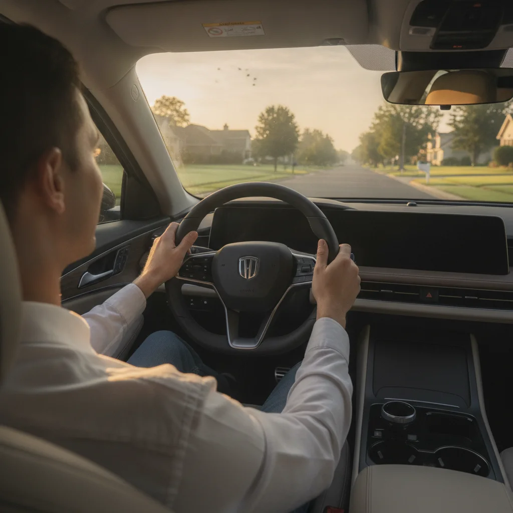 Composed driver with relaxed hands on steering wheel on a calm suburban road in morning light