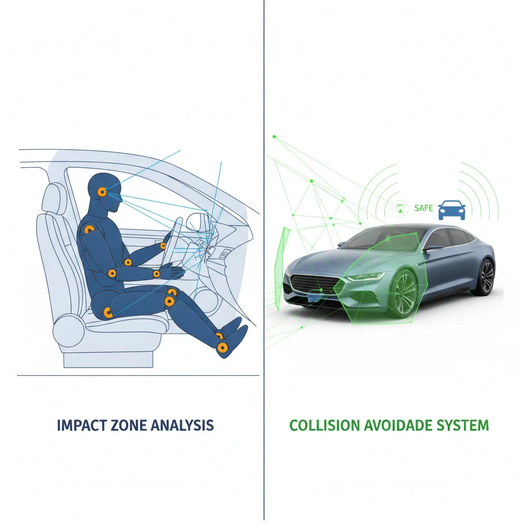 Split image comparing crash test impact and active collision avoidance sensor visualization on a modern car