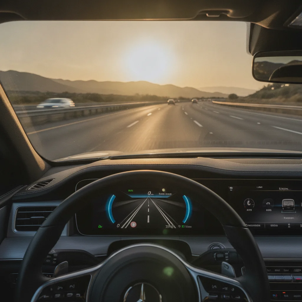 Dashboard perspective showing lane-keeping assist indicators on either side of highway lane markings at dusk