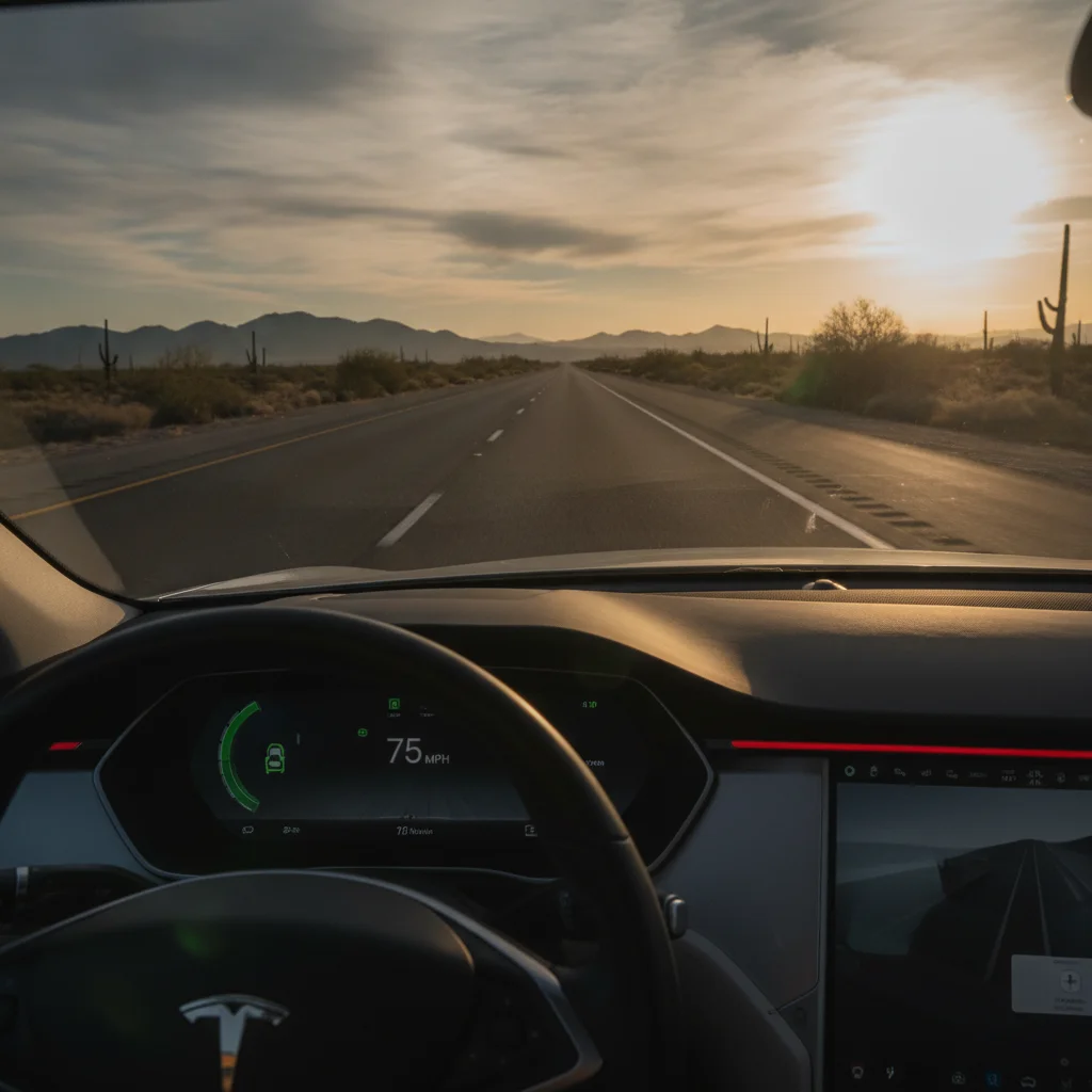 Modern sedan on open American highway with adaptive cruise control active on instrument cluster display