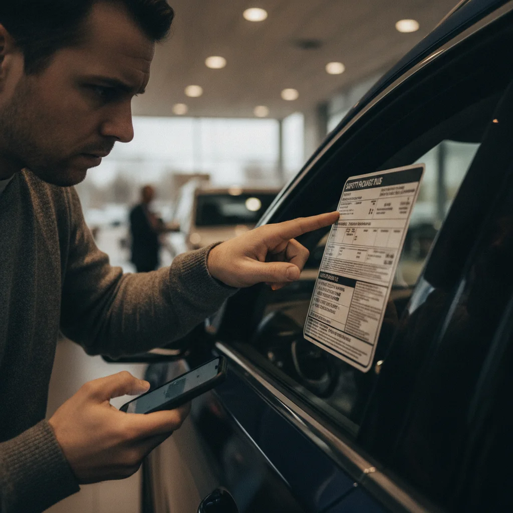 Car buyer examining a vehicle window sticker listing active safety technology features at a dealership