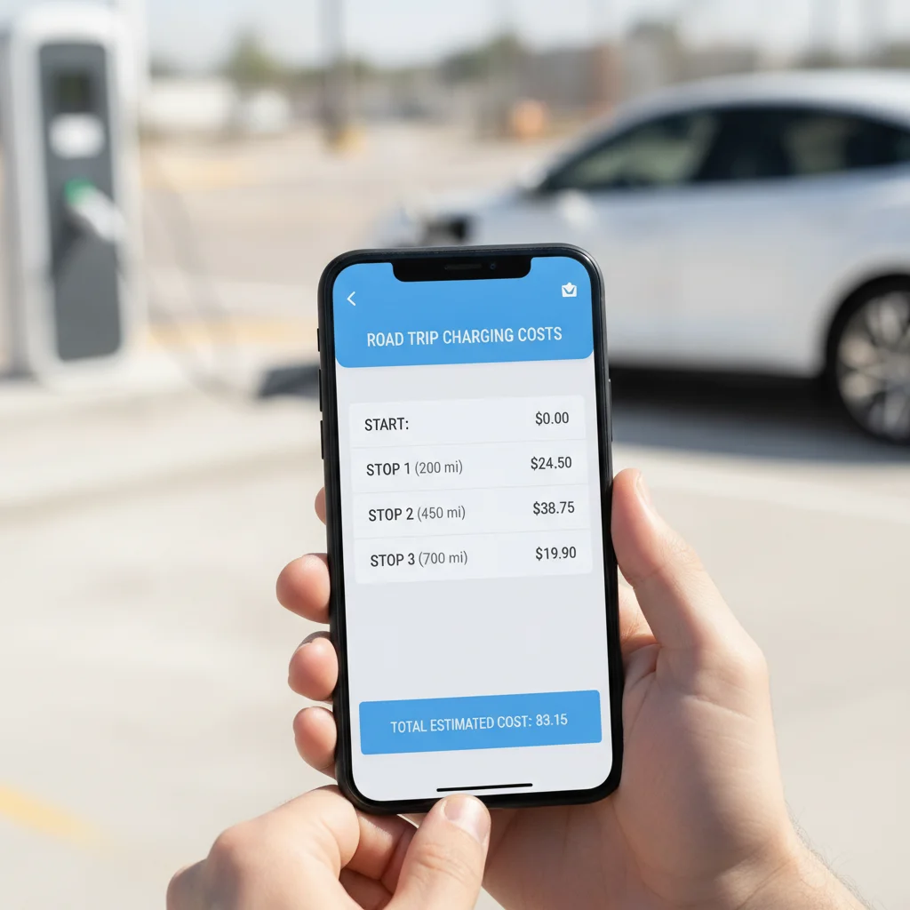 Smartphone displaying an EV road trip charging cost breakdown app with per-stop dollar amounts