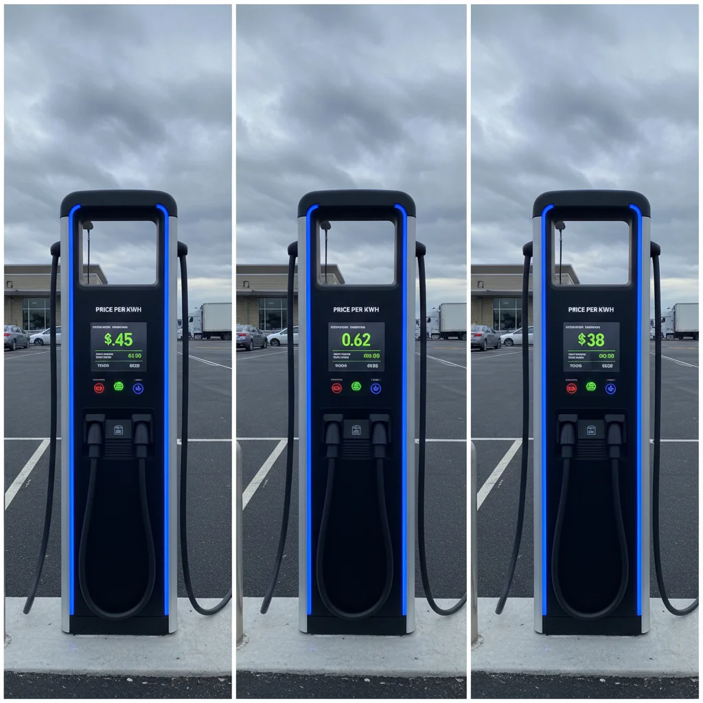 Three DC fast-charging stations showing different per-kWh pricing on their digital displays at a highway rest stop