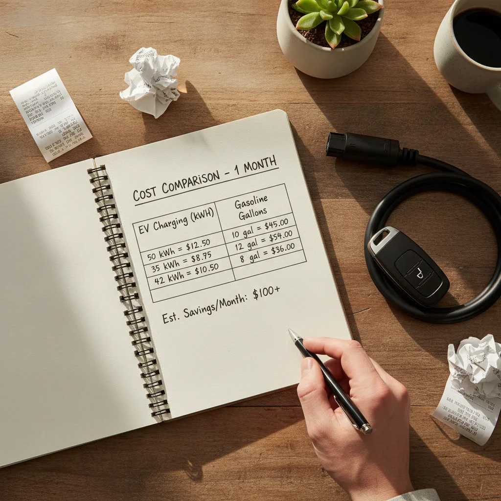 Notebook with a hand-drawn table comparing EV road trip charging costs to gasoline costs, with car key and charging cable