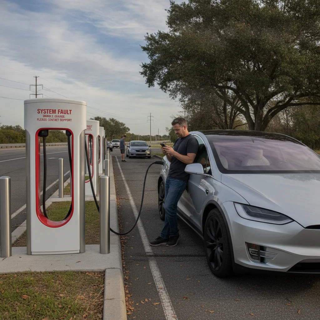 Electric vehicle parked at an out-of-service fast charger with error screen while driver checks phone for alternatives