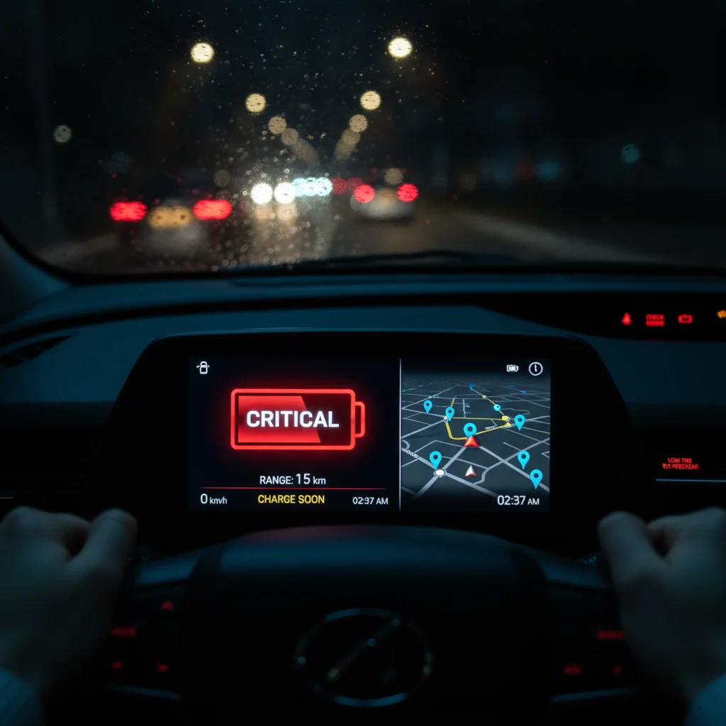 EV dashboard showing a low battery warning with nearby charging stations displayed on the navigation map