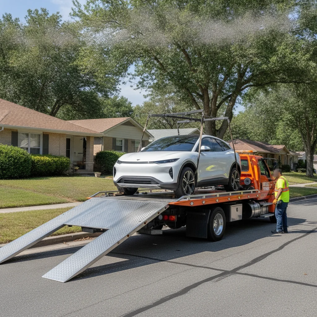 Orange flatbed tow truck loading a white electric vehicle onto its platform in a suburban neighborhood