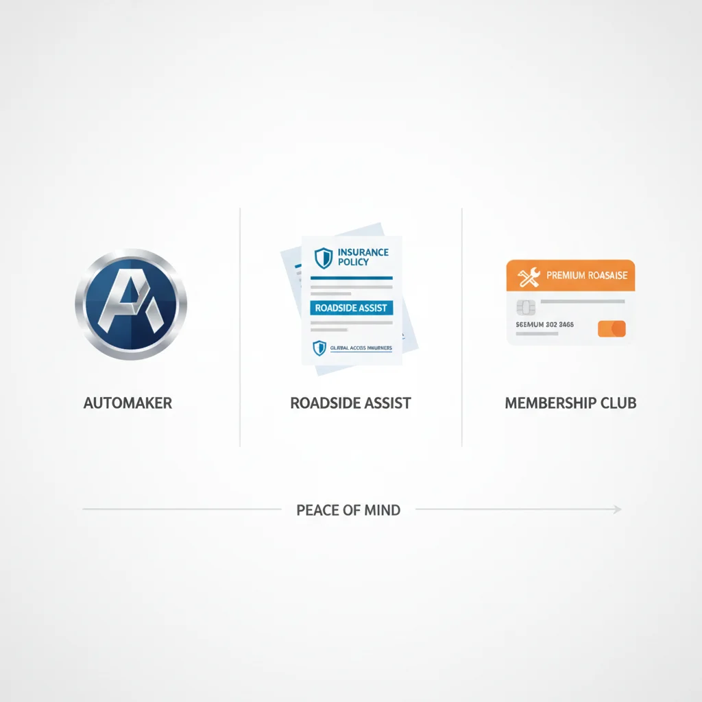 Illustration showing three roadside assistance sources: automaker program, insurance add-on, and membership organization