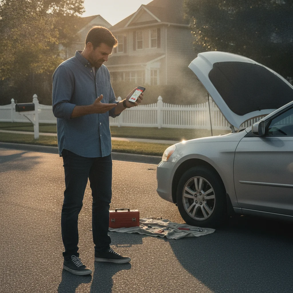 Driver standing next to broken-down car on suburban road looking at a roadside assistance app on smartphone.