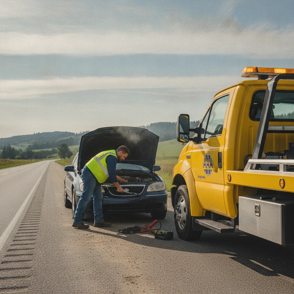 AAA roadside assistance truck parked behind stranded vehicle on rural highway with technician working on the car.