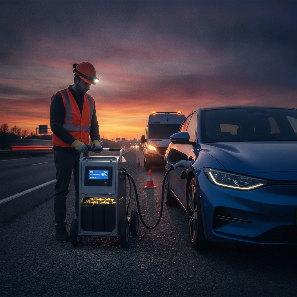 Electric vehicle connected to a mobile roadside charging unit on a highway shoulder at dusk with a technician nearby.