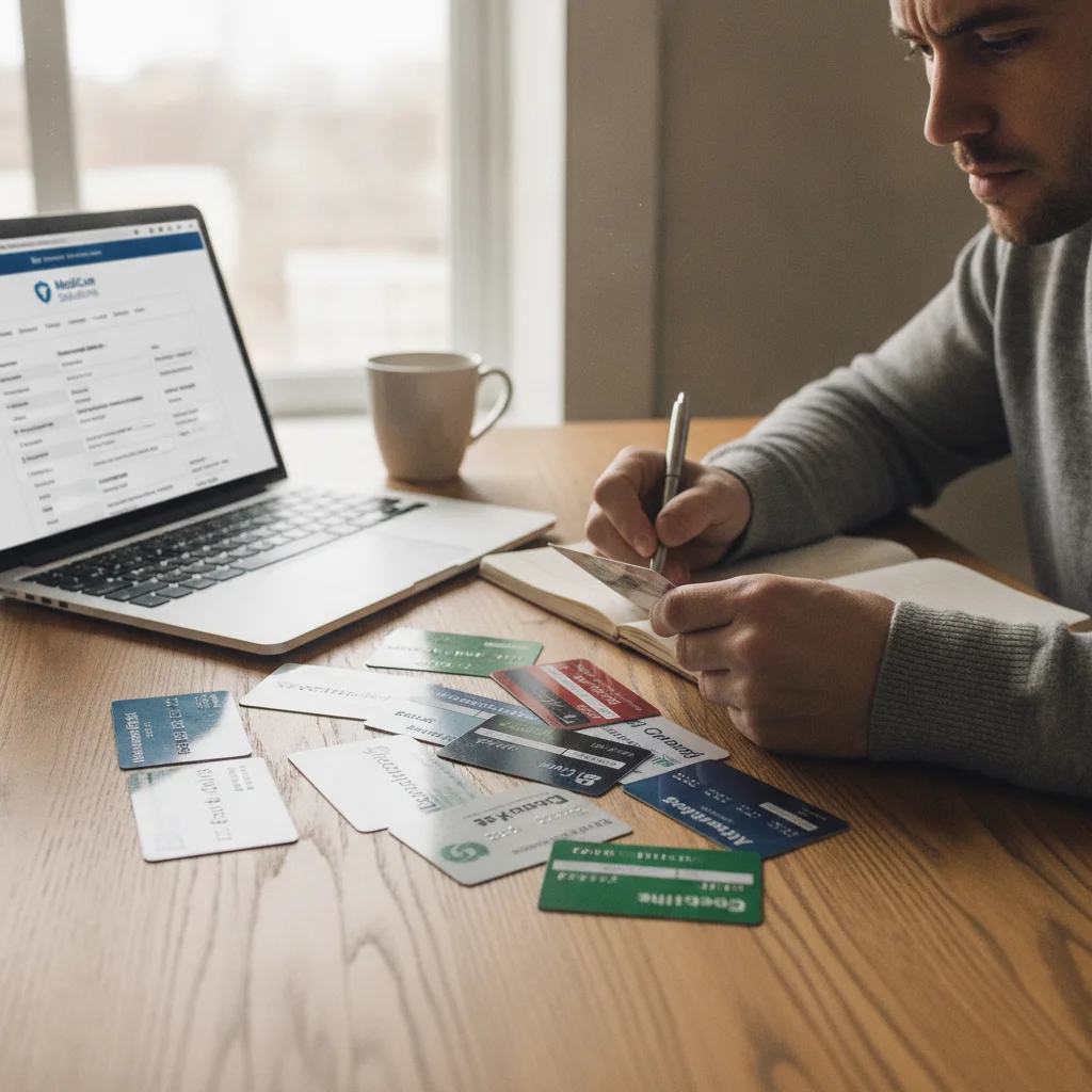 Person reviewing multiple insurance and membership cards on a desk beside an open laptop displaying an insurance portal.
