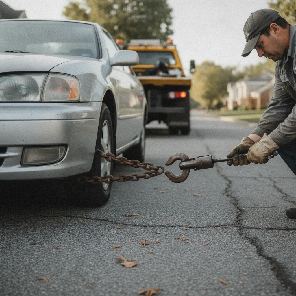 A tow truck operator hooking up a broken-down car on a suburban street during the day