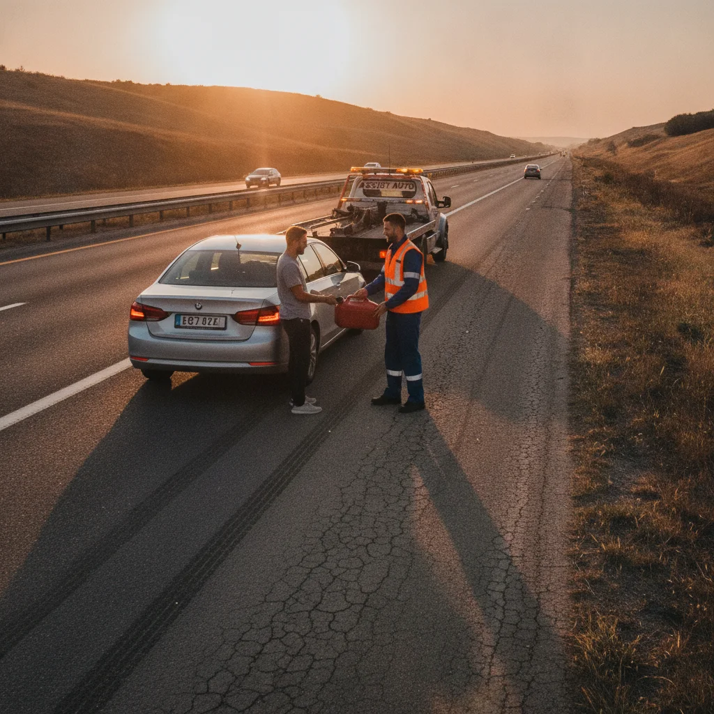 A roadside technician handing a fuel canister to a stranded driver on a highway shoulder