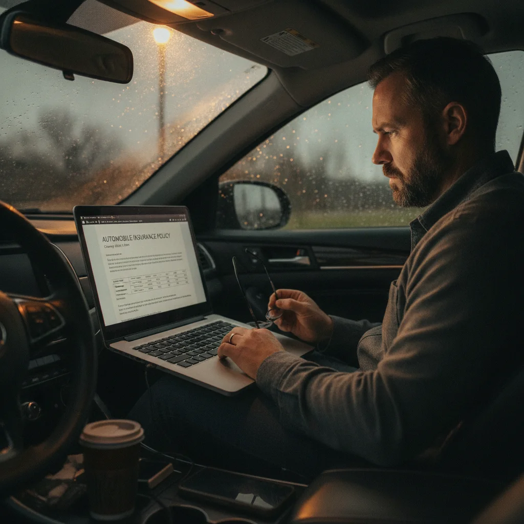 A driver reviewing an auto insurance policy document on a laptop inside a parked car