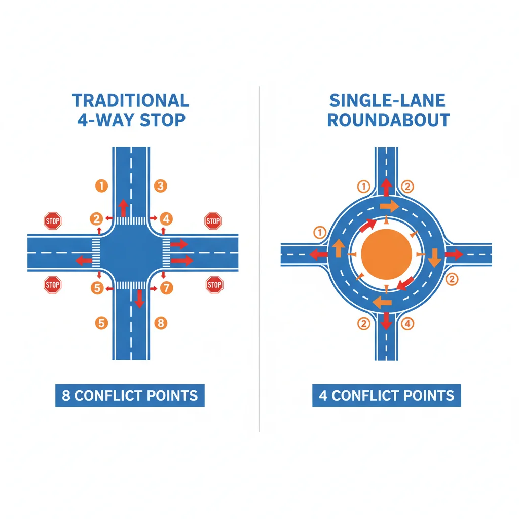Diagram comparing vehicle conflict points at a four-way stop versus a single-lane roundabout intersection