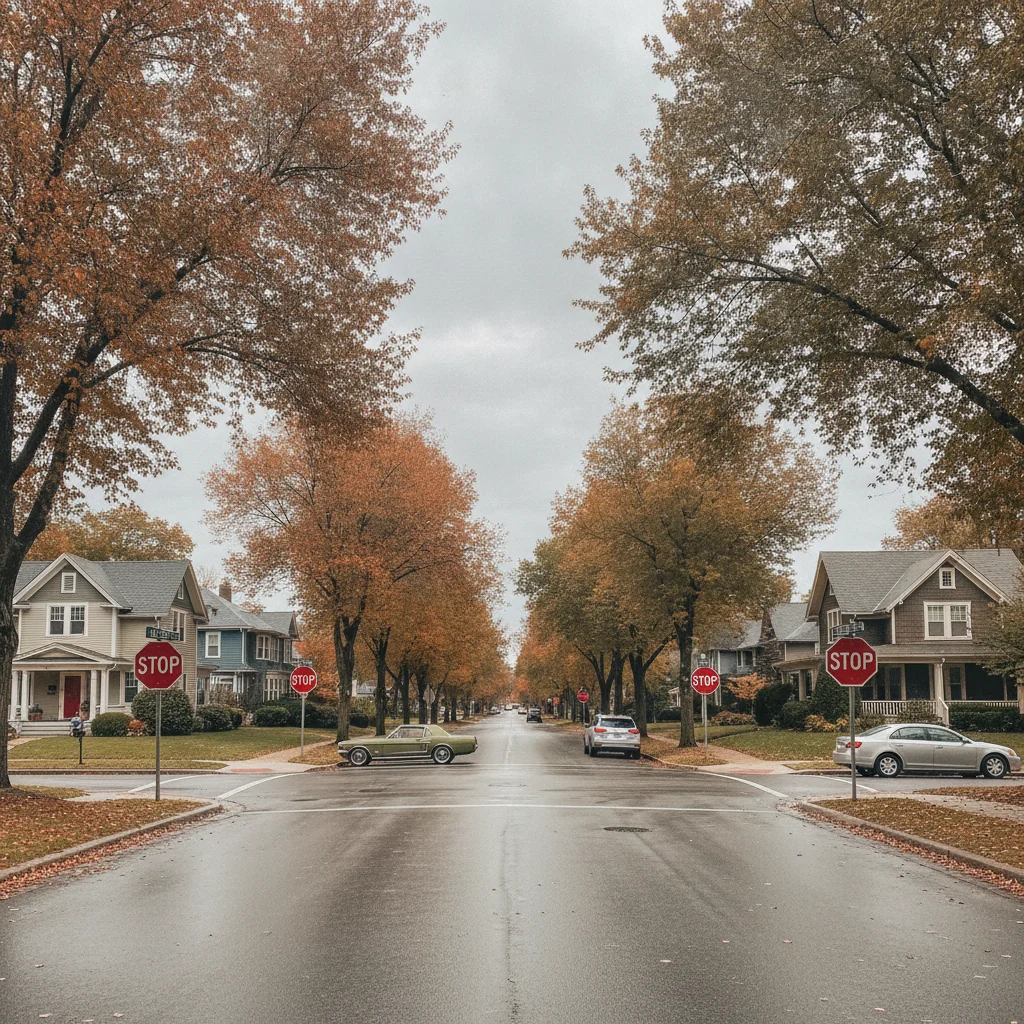 A quiet suburban four-way stop intersection with red stop signs visible on all four approaches