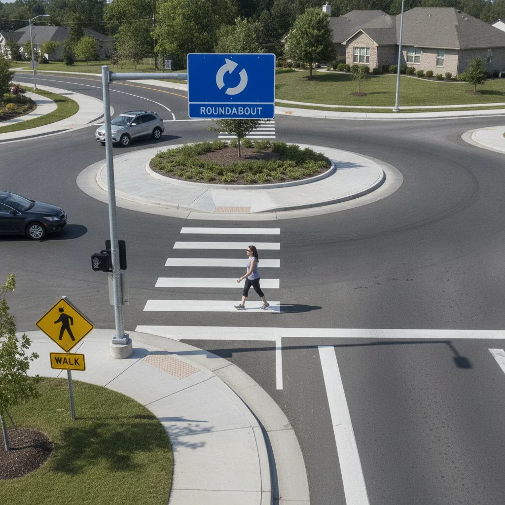 Pedestrian crossing a marked crosswalk at the entry of a modern roundabout with a splitter island