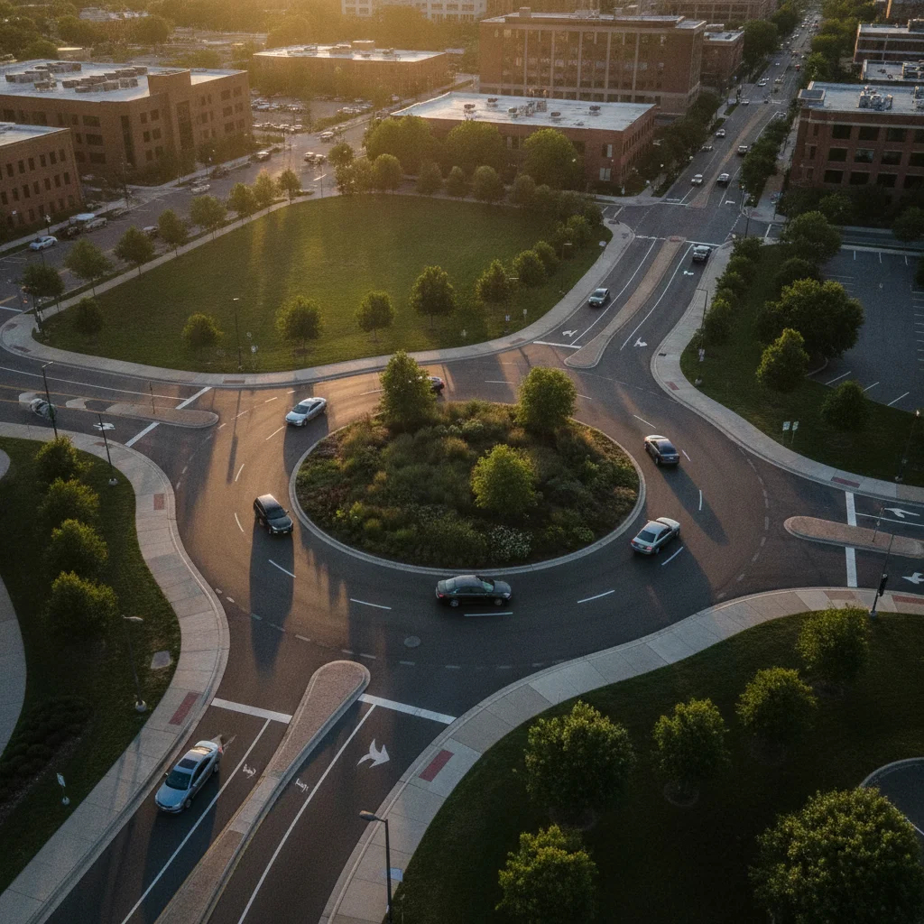 Aerial view of a modern single-lane roundabout with landscaped center island and smooth traffic flow