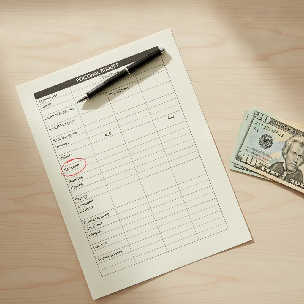 Budget worksheet with car loan payment circled and dollar bills nearby on a desk