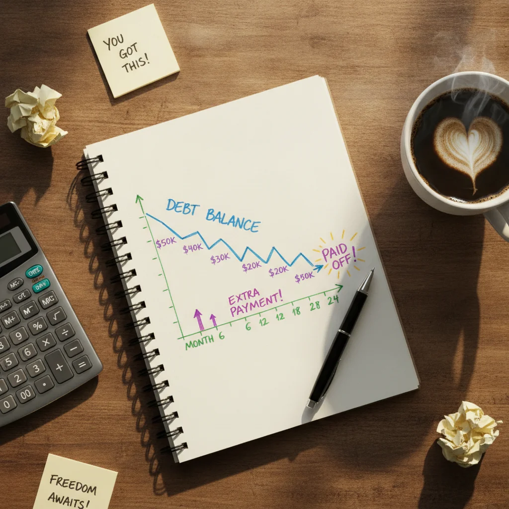 Hand-drawn auto loan payoff timeline in a notebook with calculator and coffee nearby