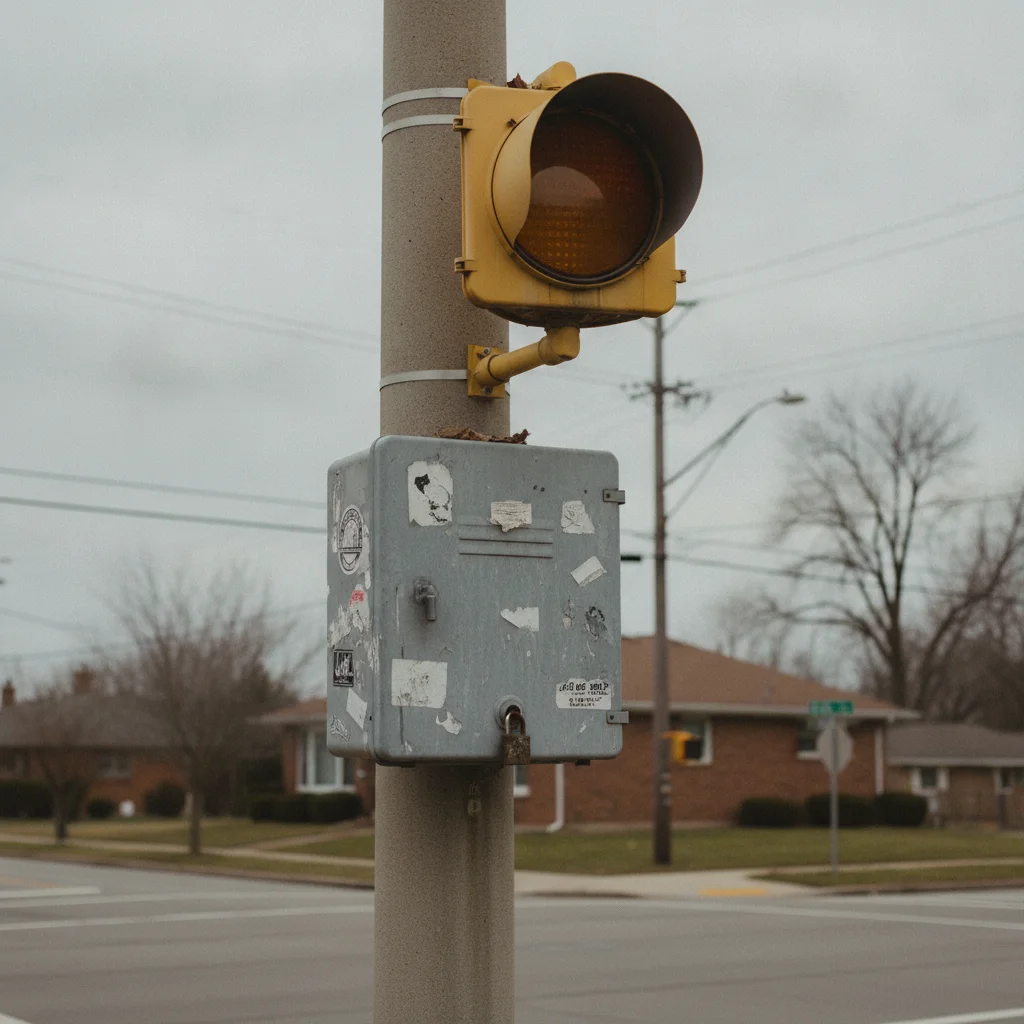 Close-up of a yellow traffic signal light mounted on a metal pole at a suburban intersection