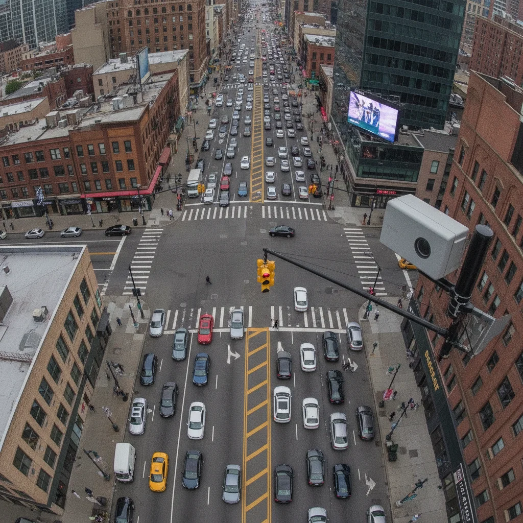 Overhead view of an urban intersection with a red-light camera mounted on a traffic signal pole