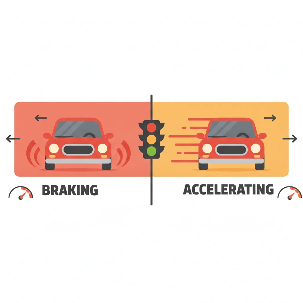 Illustration comparing a driver braking at a yellow light versus accelerating, showing two distinct choices