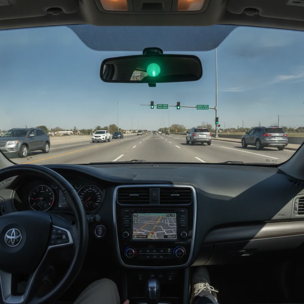 Driver's point-of-view from inside a vehicle approaching a traffic light on a multi-lane urban road