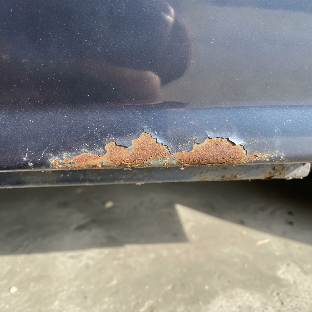 Close-up of early surface rust and paint bubbling along the bottom edge of a car door