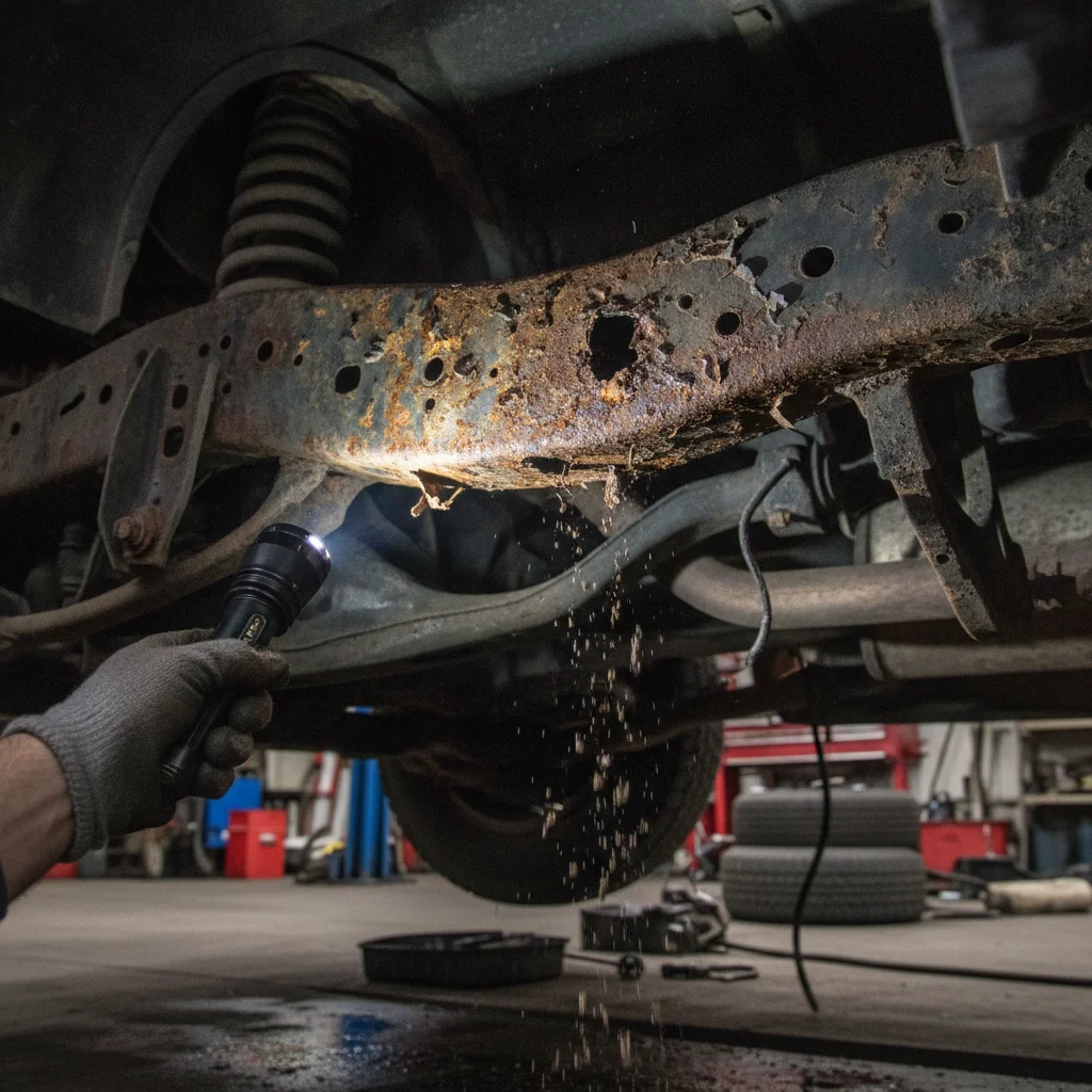 Undercarriage view showing advanced rust rot and perforations on a vehicle frame rail during inspection