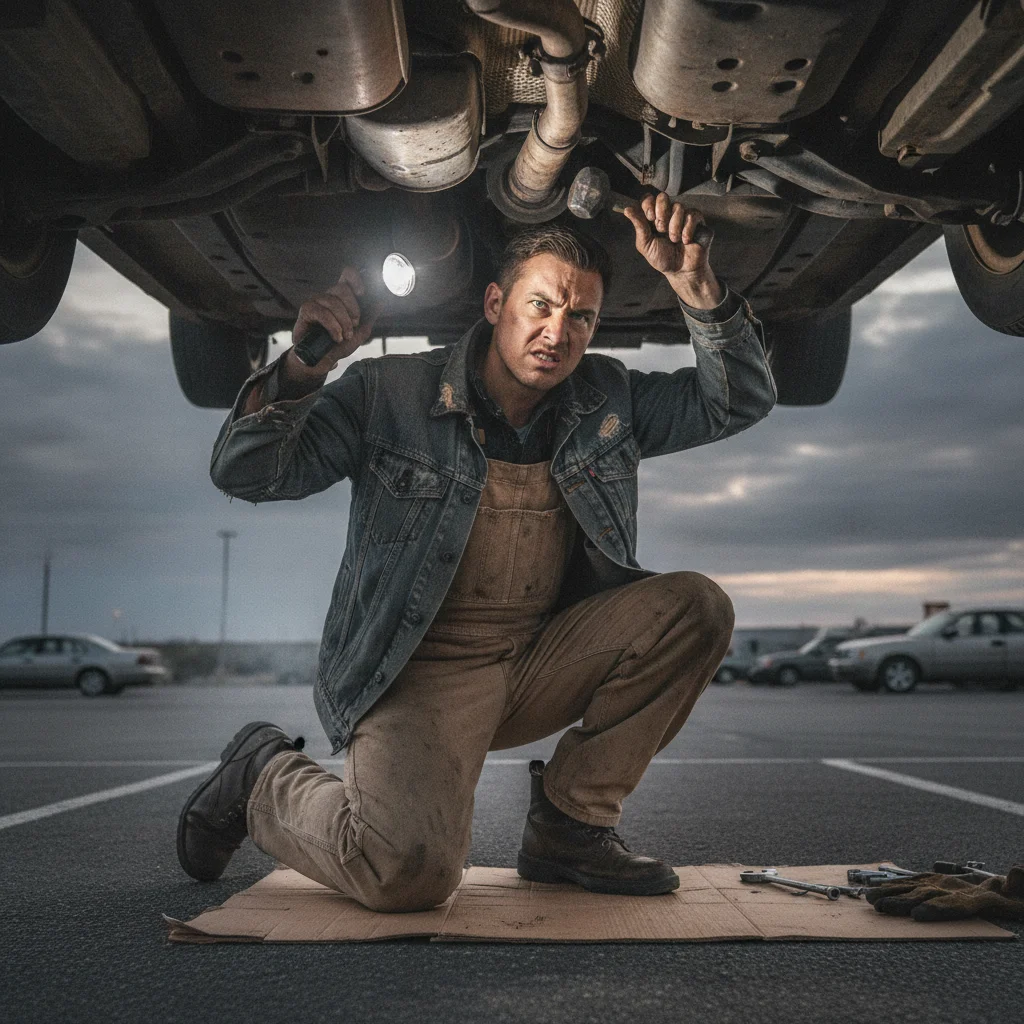 Person using a flashlight and rubber mallet to inspect the undercarriage of a used car in a parking lot
