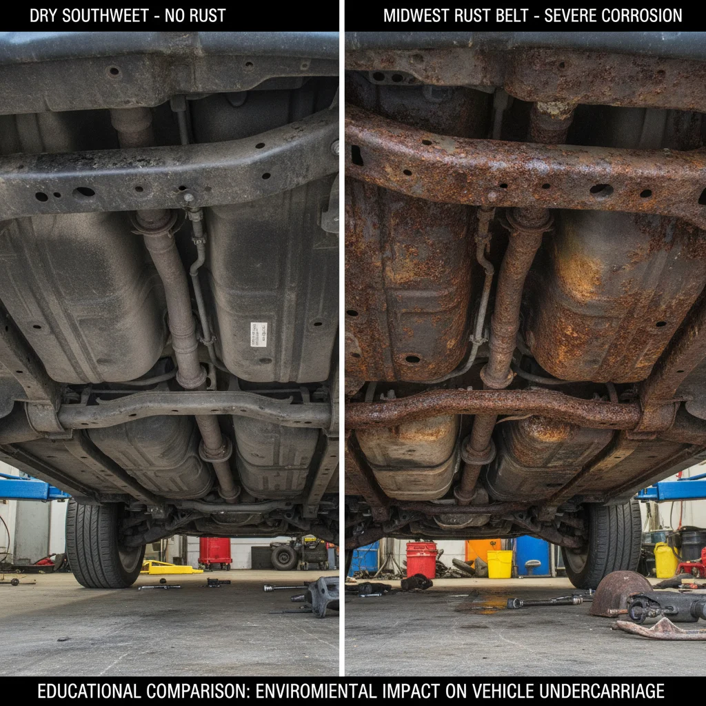 Side-by-side comparison of a clean southwestern car undercarriage versus a heavily corroded rust-belt vehicle undercarriage