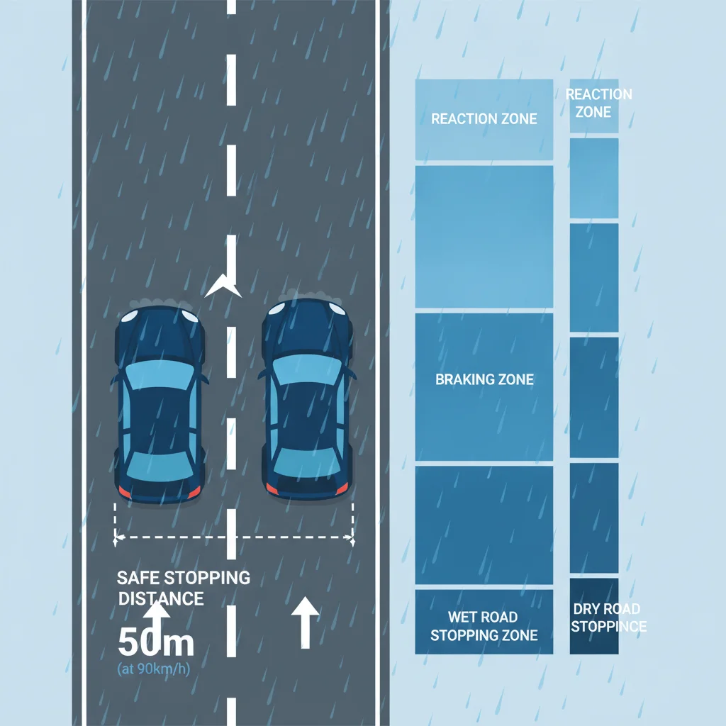 Diagram showing two vehicles on a wet road with illustrated stopping distance gap between them