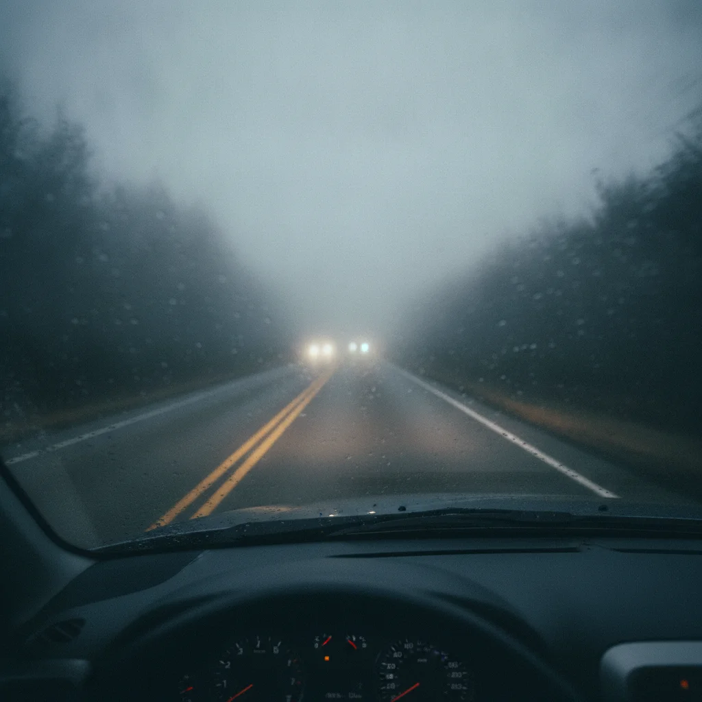 Driver's view through a windshield in dense fog with visibility reduced to roughly 50 feet ahead