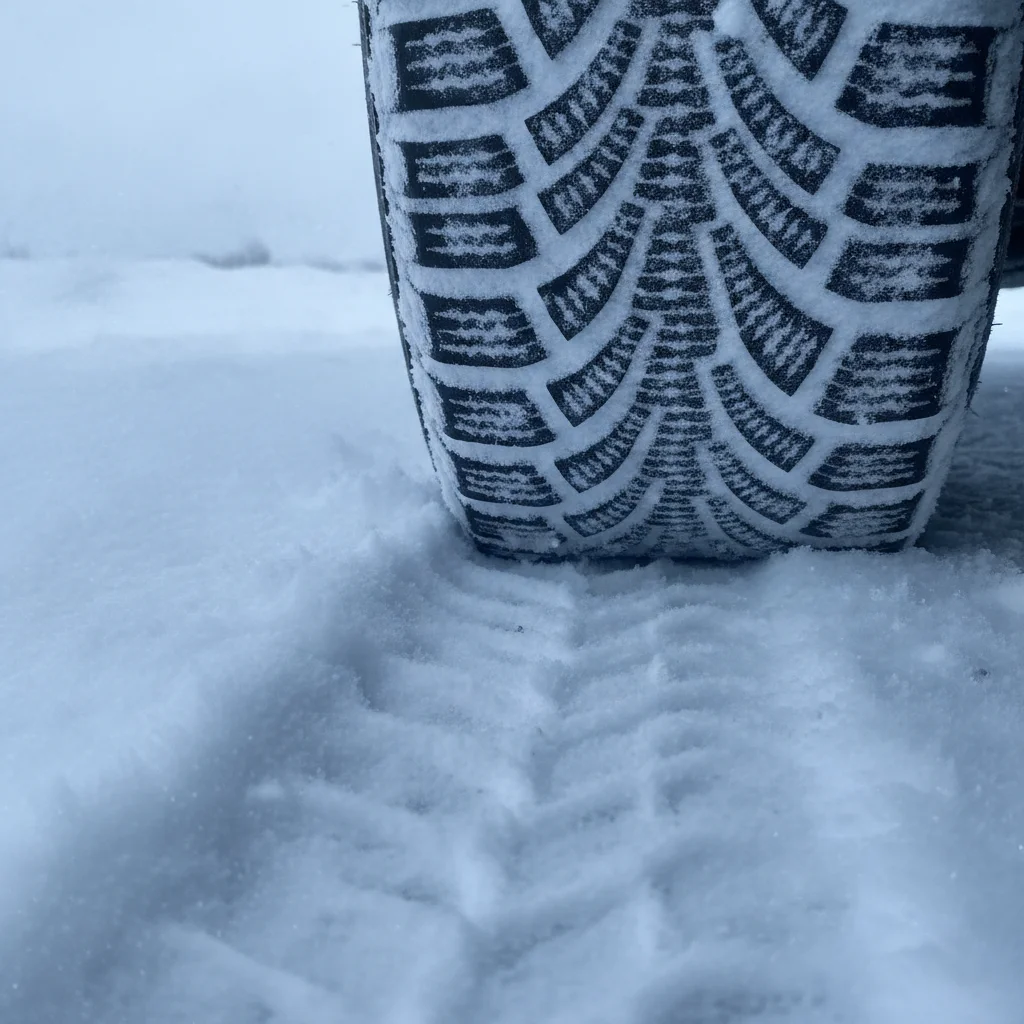Car tire tread pressed into packed snow on a winter road surface in cold daylight