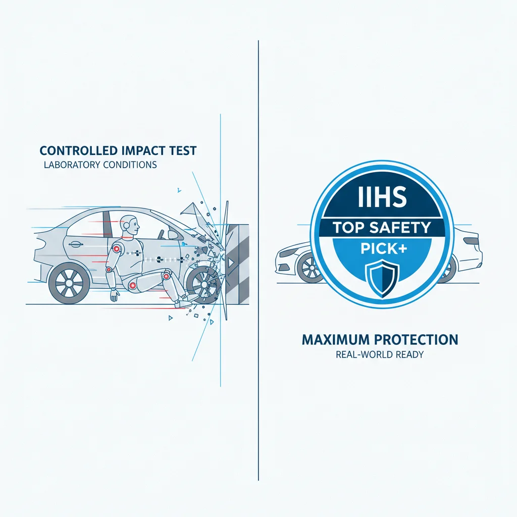 Split-screen showing a vehicle crash test laboratory and an IIHS Top Safety Pick badge overlay on a car silhouette