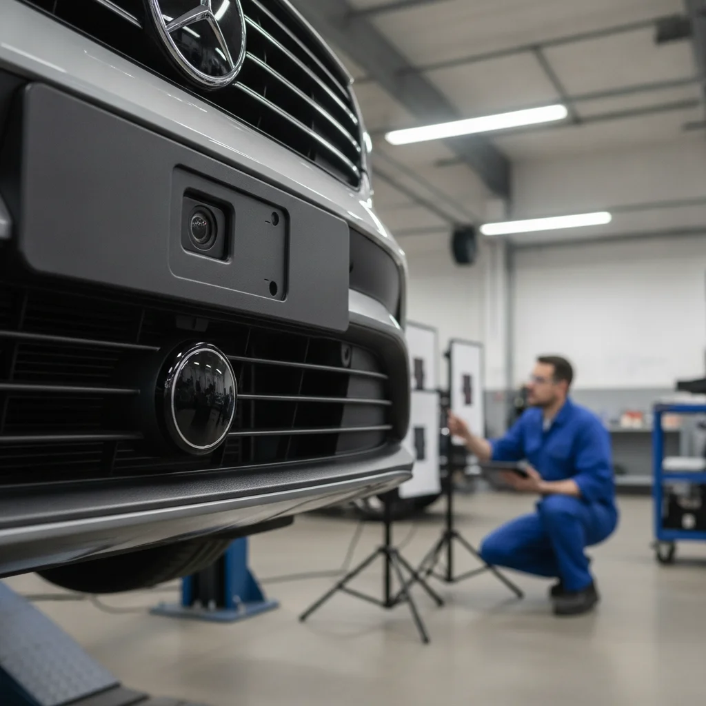 Close-up of vehicle front bumper radar sensor and camera with a technician performing ADAS calibration in a workshop