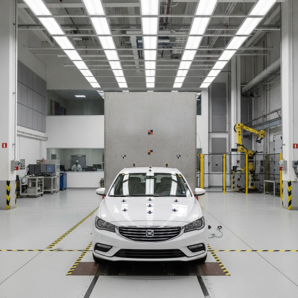 White sedan positioned in front of a crash test barrier inside a government vehicle safety testing facility