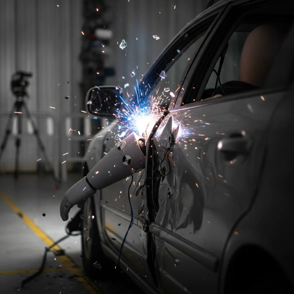 Instrumented crash test dummy inside a car door during an IIHS side impact test with visible impact debris