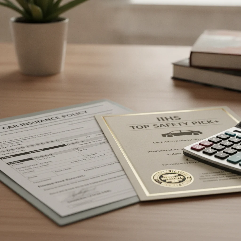 Car insurance documents next to an IIHS Top Safety Pick Plus certificate and a calculator on a desk